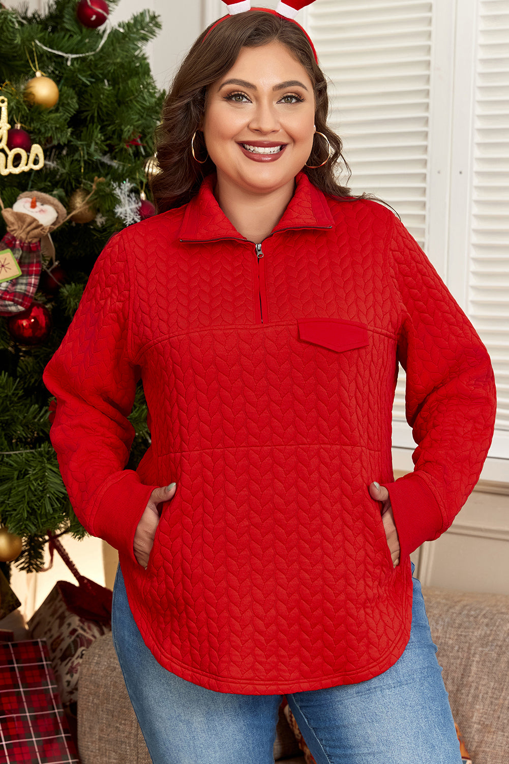 Tomato Red Cable Textured Sweater with Quarter Zip Pocket, Plus Size