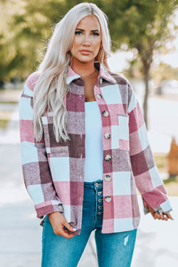 Veste à carreaux à manches longues boutonnée en blocs de couleurs avec poche