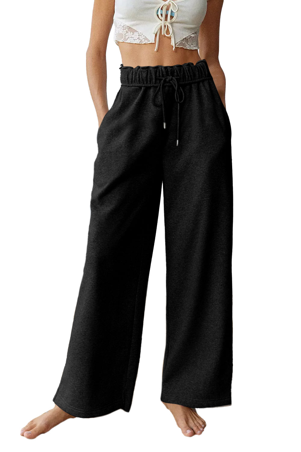 Pantalon de survêtement taille haute élastique noir avec cordon de serrage