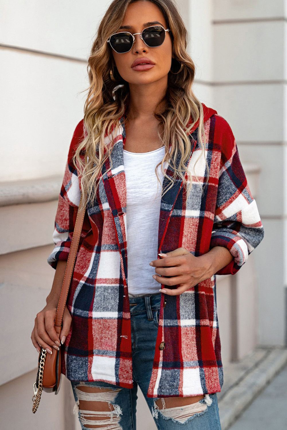 Bright red hooded jacket checkered buttoned on the front
