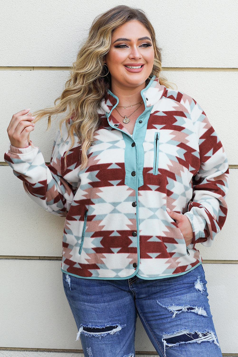 Fiery Red Geometric Aztec Pattern Plus Taille Fleece Jacket