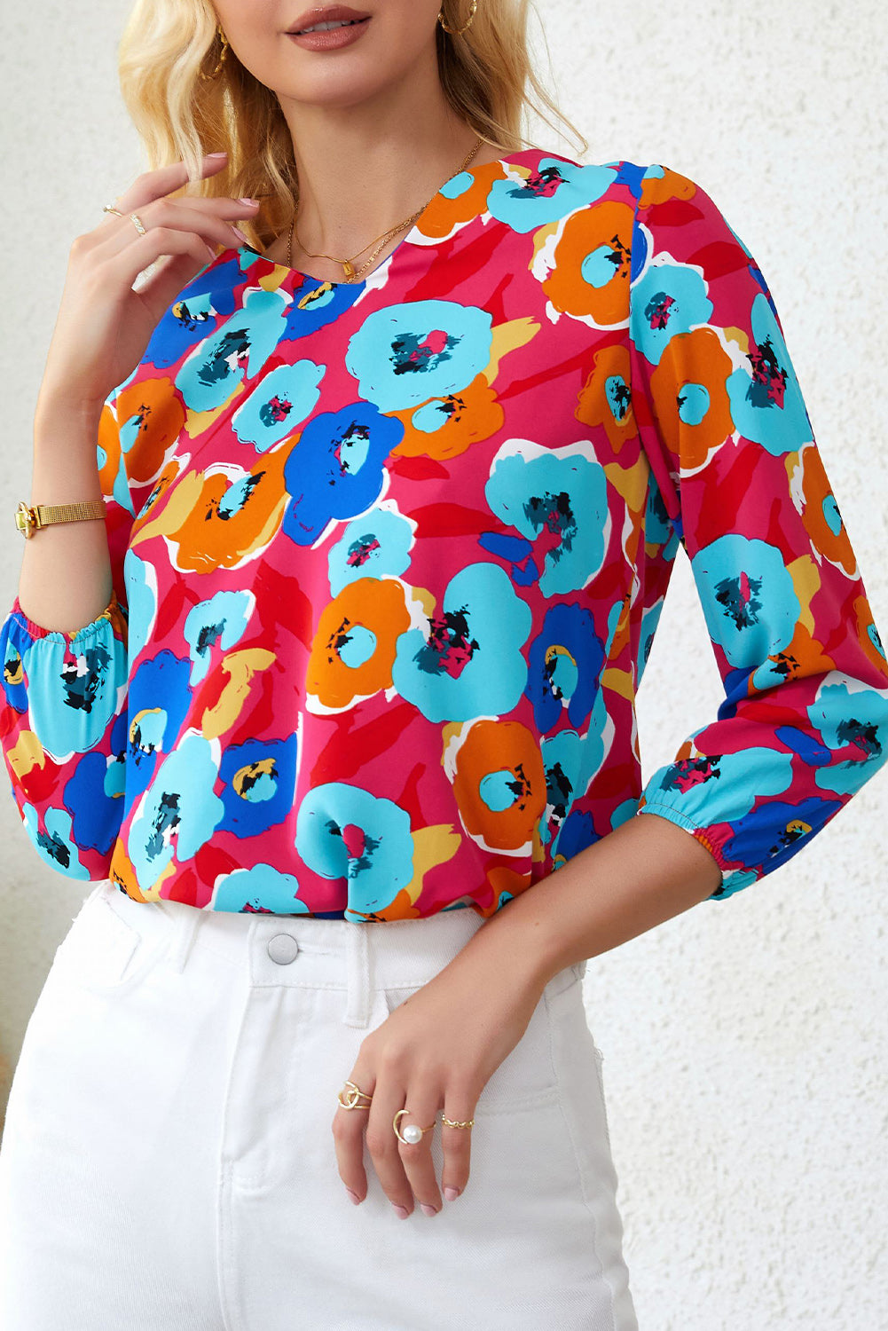 Rose Multicolor Floral Print V Neck 3/4 manga blusa