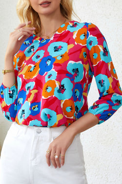 3/4 sleeve blouse and pink multicolored floral print collar