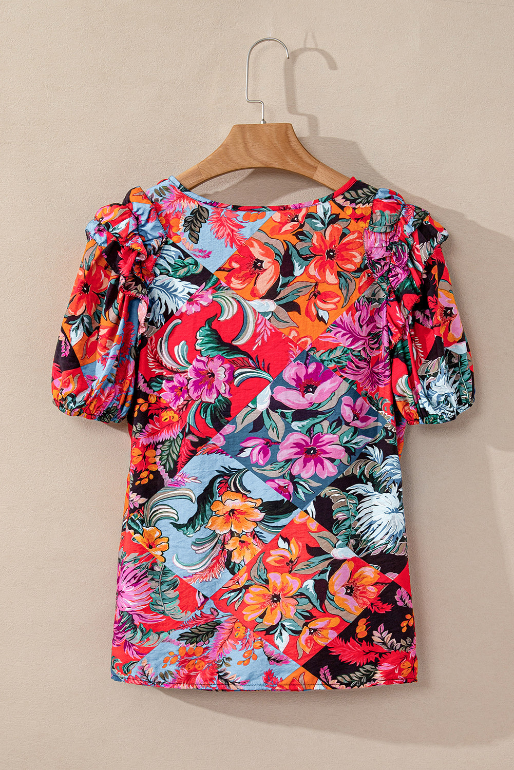 Blusa de cuello dividido de la manga de burbujas multicolor estampado de estampado floral