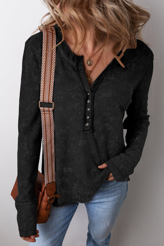 Acid Wash Black Waffle Knit Long Sleeve Top