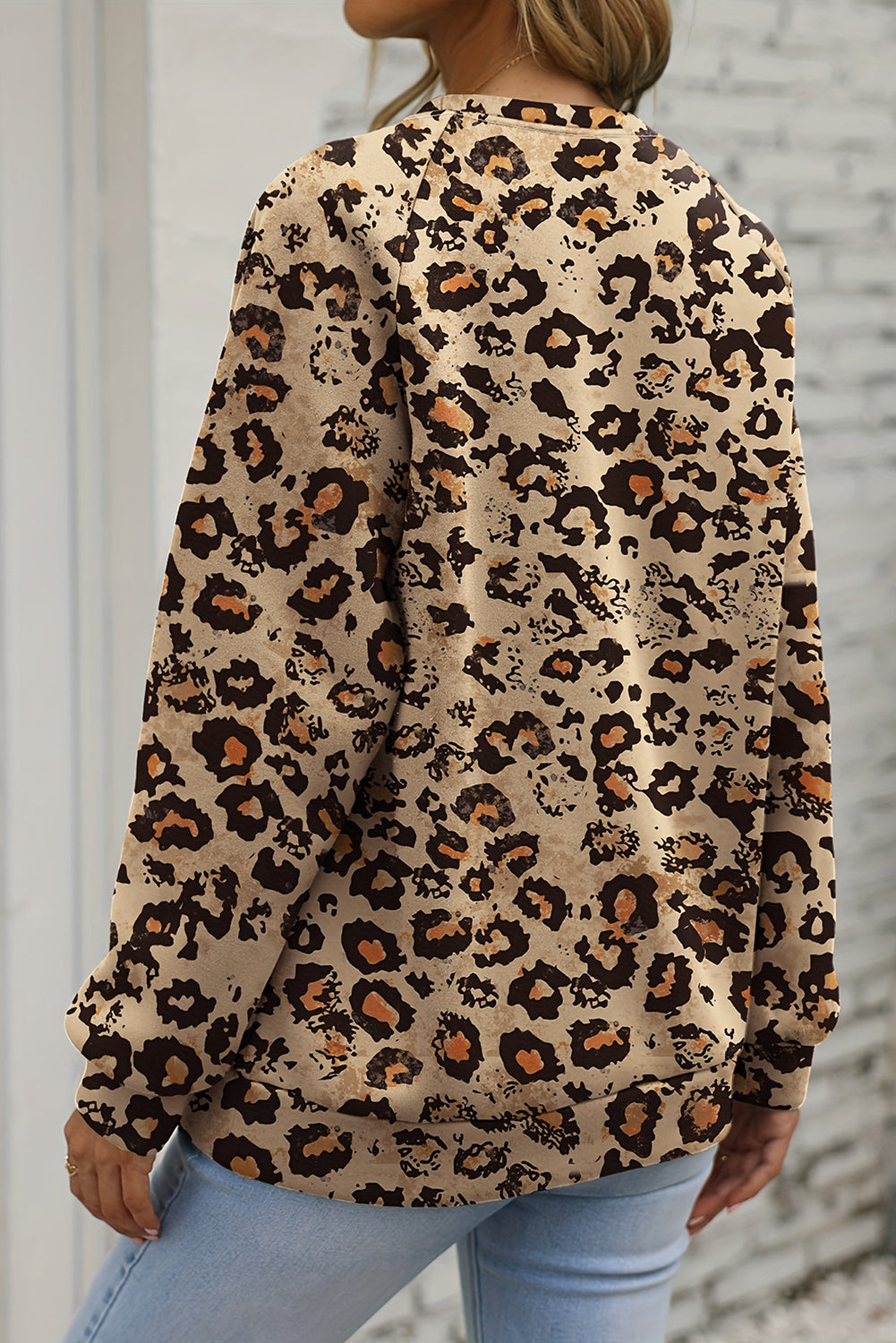 Leopardo marrone Sbiancante Bleated Sleeve Pullover Felpa