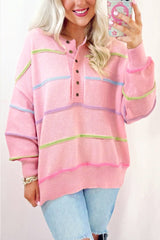 Pink Rainbow Striped Drop Shoulder Baggy Henley Sweater