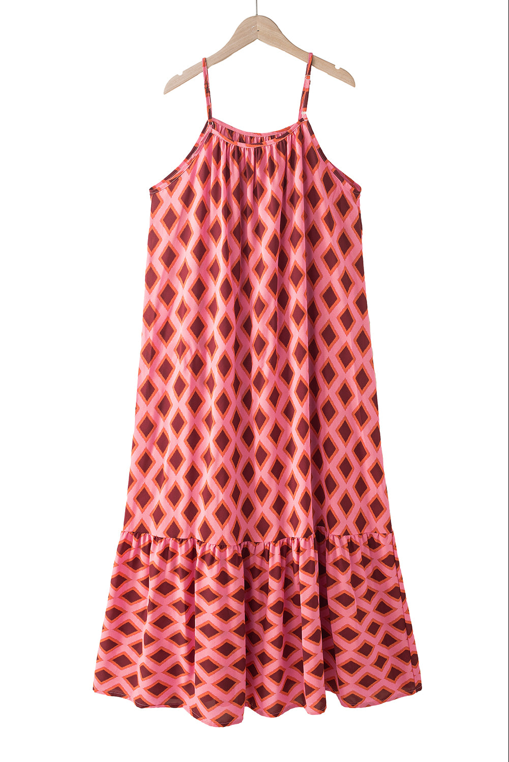 Robe maxi sans manches en vrac sur imprimé géométrique rouge.