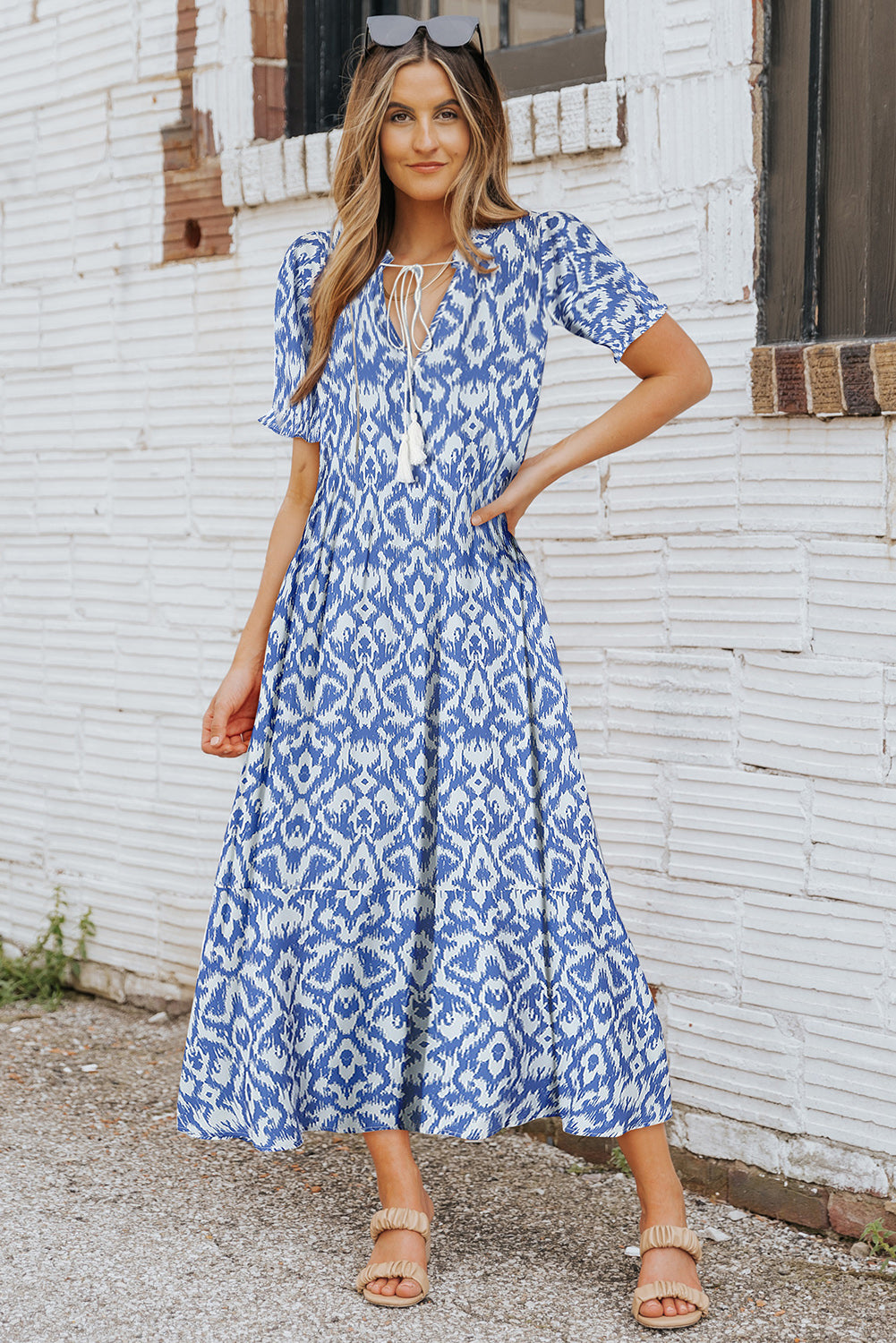 Robe longue décontractée à imprimé géométrique bleu ciel à col en V