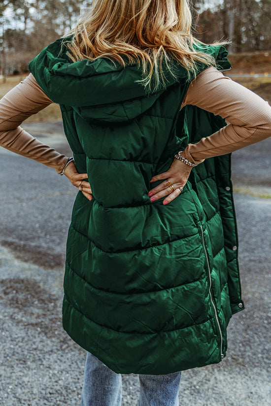 Long -hooded quilted vest coat with green hood