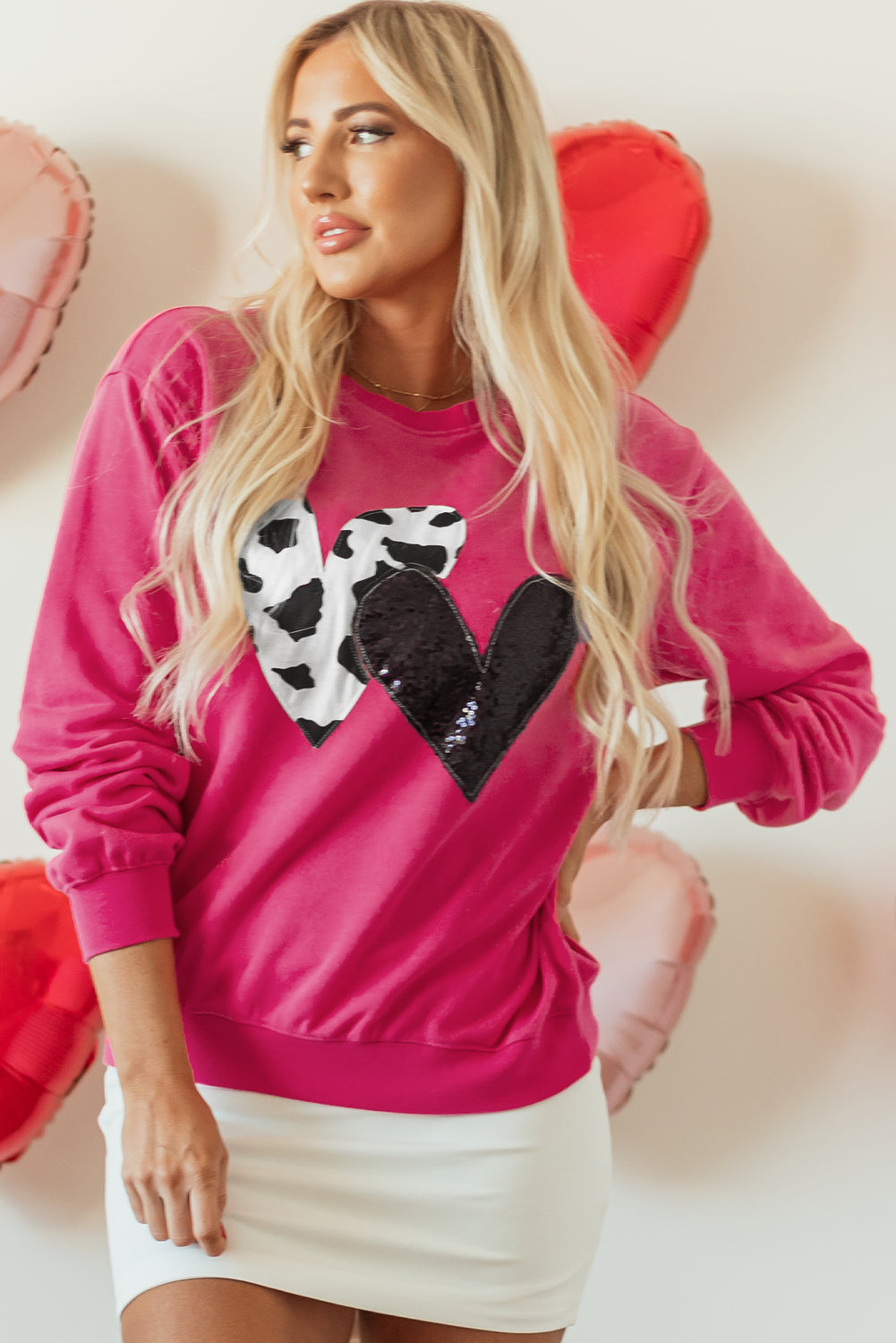 Sweat-shirt graphique à double cœur et paillettes rose fraise