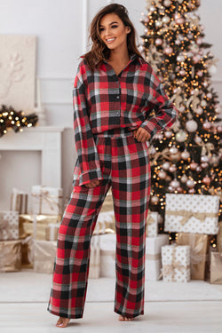 Ensemble chemise ample et pantalon à motif à carreaux de Noël rouge