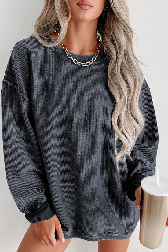 Solid gray ribbed knit crew neck sweatshirt