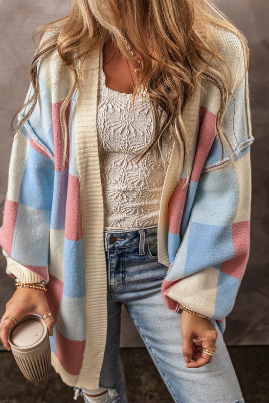 Light blue plaid cardigan, dropped shoulders, exposed seams, open front