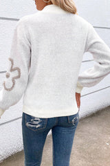 White high neck sweater with half zip and contrasting flowers