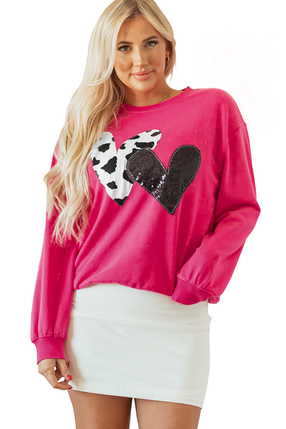 Sweat-shirt graphique à double cœur et paillettes rose fraise