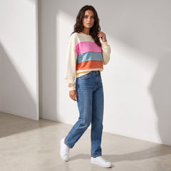 Sweat-shirt multicolore à col rond et épaules tombantes en patchwork color block