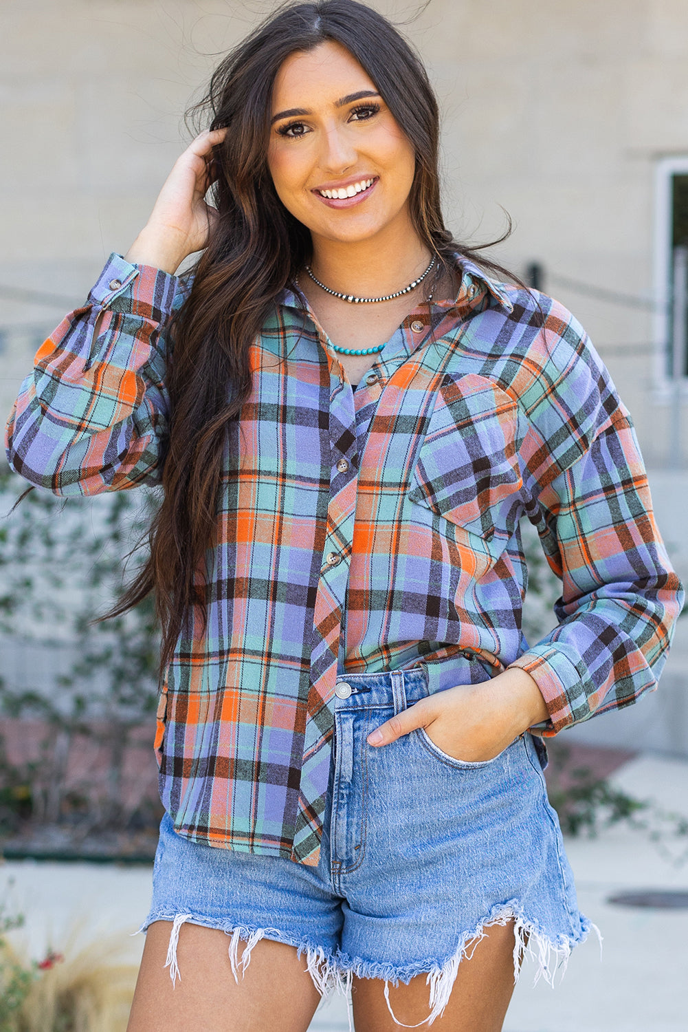 Naranja con estampado a cuadros Camisa vintage suelta