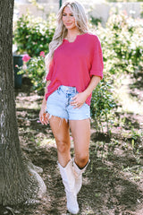 Short -sleeved top and pink strawberry pink knitting with split collar