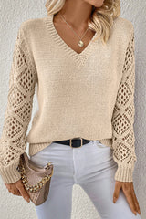 Jet Stream Solid V Neck Pointelle Knit Sleeve Patchwork Sweater