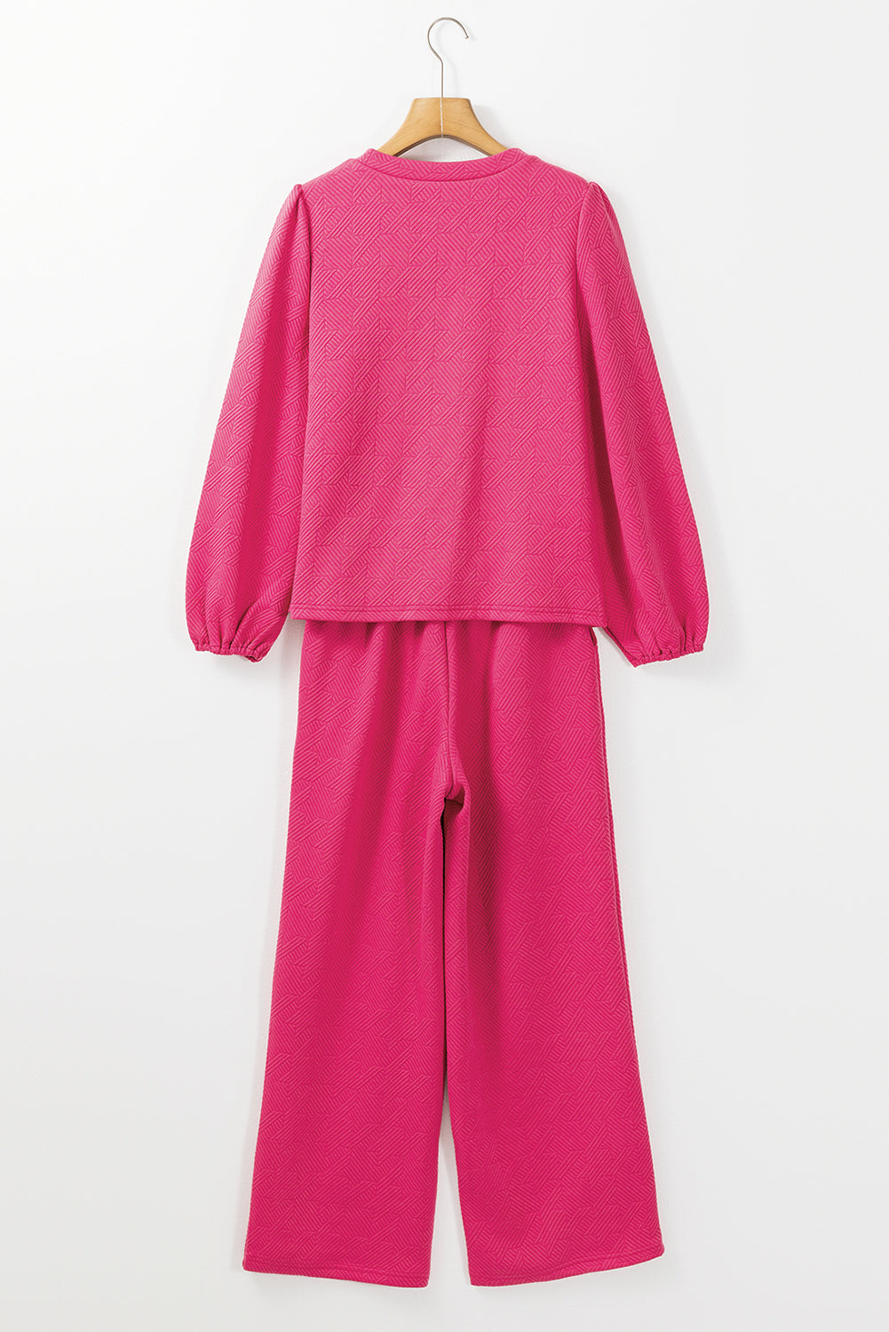 Ensemble haut et pantalon texturé à manches bouffantes rose rouge