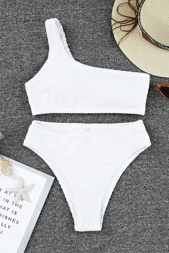 Maillot de bain bikini asymétrique texturé froissé blanc à une épaule