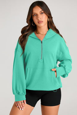 Aruba Blue Solid Half Zip Oversized Hoodie with Kangaroo Pocket