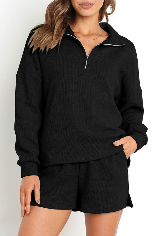 Black Ribbed Zip-Up Sweatshirt and High Waisted Shorts Set