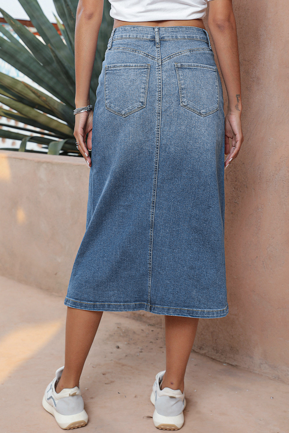 Sky Blue 4 Patch Pockets Front Slit MIDI Denim Jupe