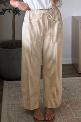 Pantalon abricot rayé en coton à cordon et poches devant