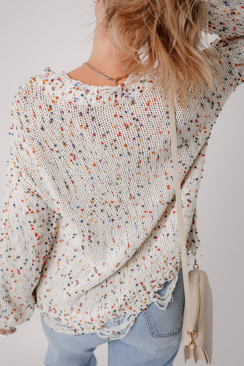 White Colorful Confetti Distressed Knit Sweater