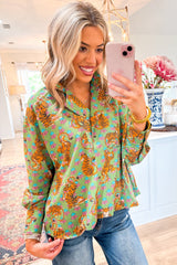 Chemise décontractée à col en V et imprimé floral tigre vert-A WOMAN WE LOVE