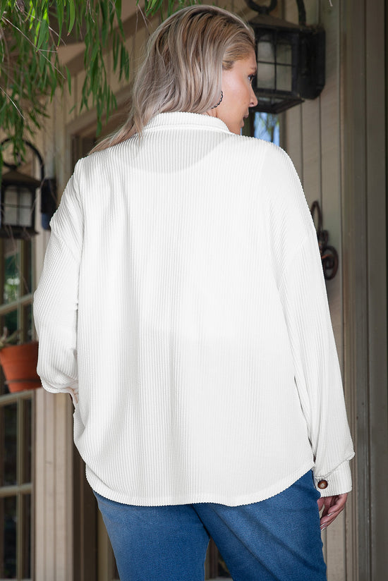 Plus Size Solid White Drop Shoulder Drawstring Jacket