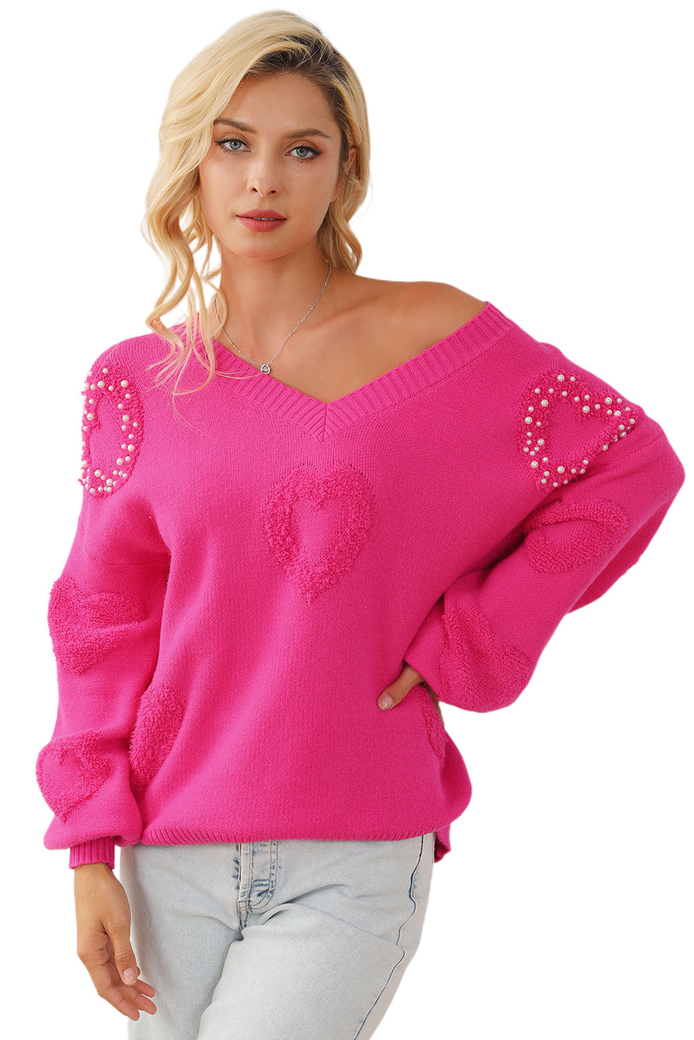 Rose Red Pearl abbellito Fuzzy Hearts v Neck Miciter