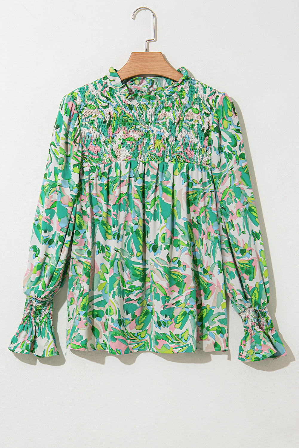 Green Leafy Printed Flounce Sleeve Shirred Mock Neck Blouse