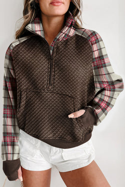 Textured sweatshirt with patchwork collar and plaid sleeves in khaki print