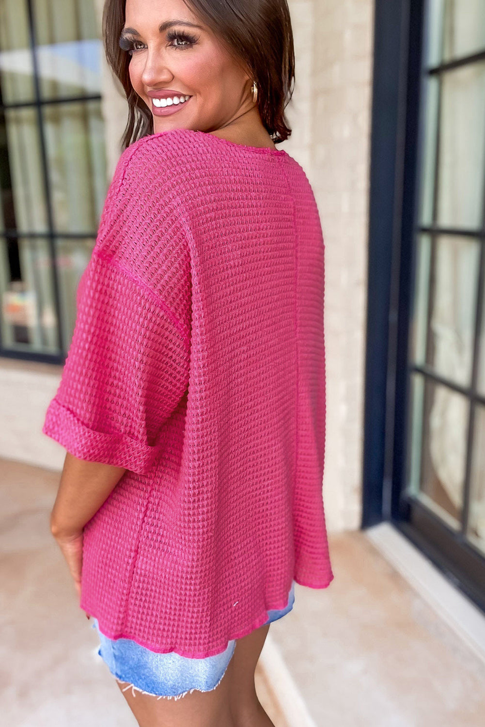Short -sleeved top and pink strawberry pink knitting with split collar