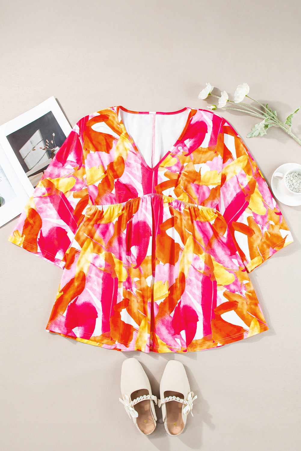 Orange Abstract Print 3/4 Hülse gegen Nacken gekräuselte Babydoll Bluse