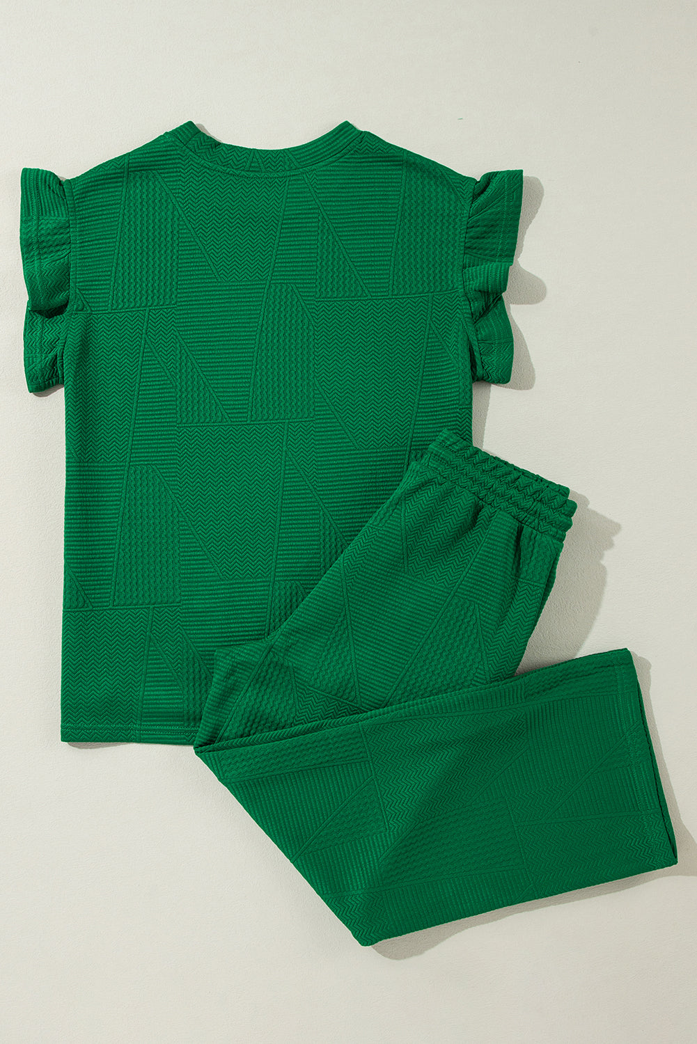 Dark Green Ruffle Sleeve Summer Top and Loose Short Pants Set