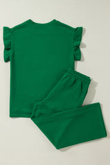 Ensemble haut d'été à manches volantées vert foncé et pantalon court ample-A WOMAN WE LOVE