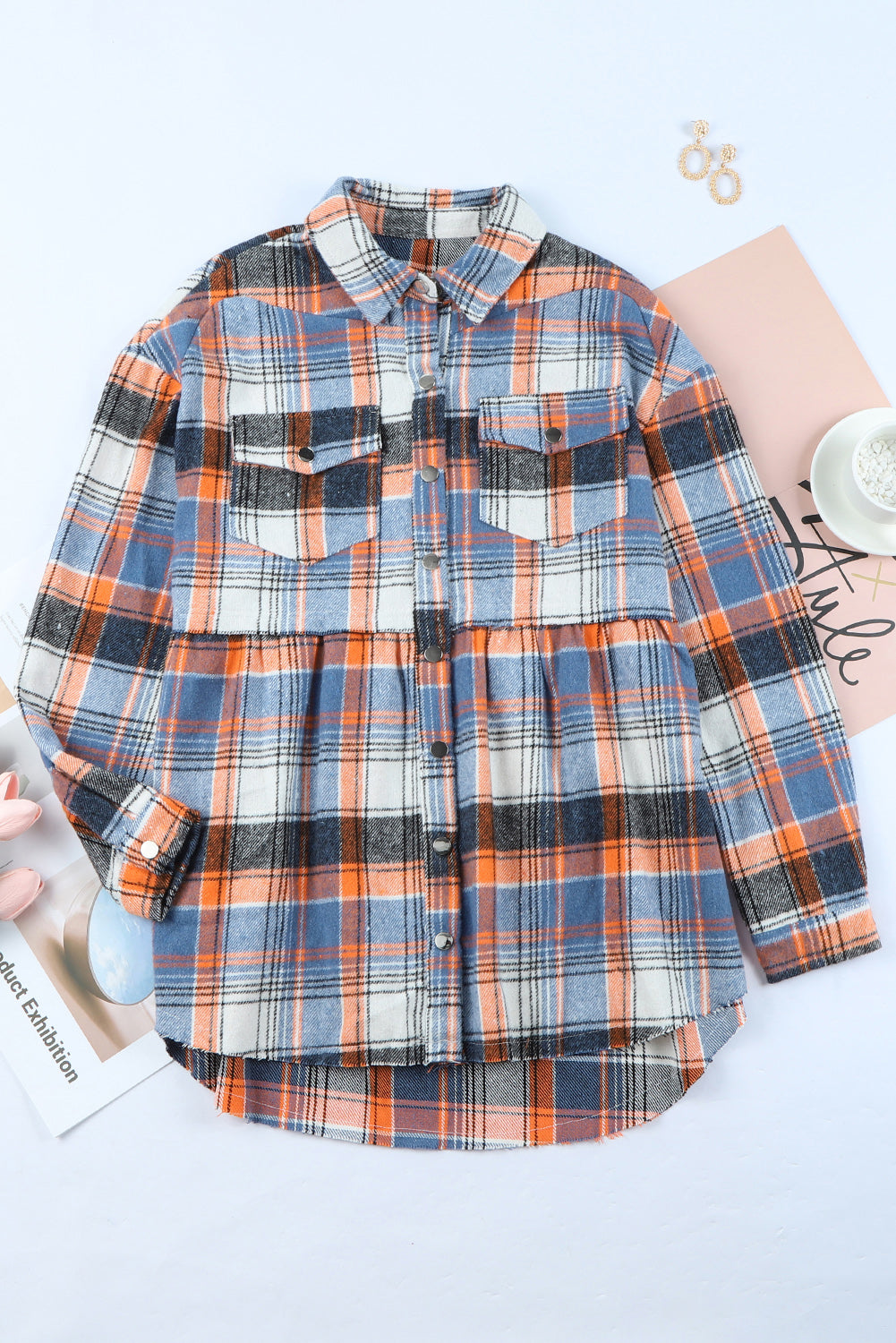 Multicolor Plaid Button Down Ruffled Shirt Jacke