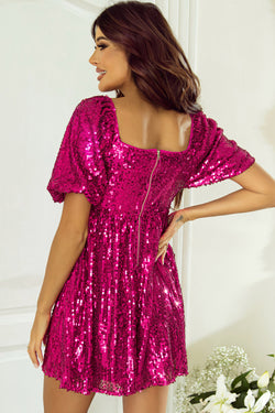 Pink Red Sequin Babydoll Romper with Short Puff Sleeves