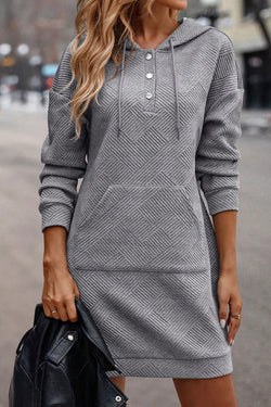 Grey Textured Drawstring Hooded Mini Dress with Kangaroo Pocket