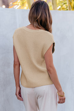 Ribbed sweater with short sleeves and apricot chest pocket