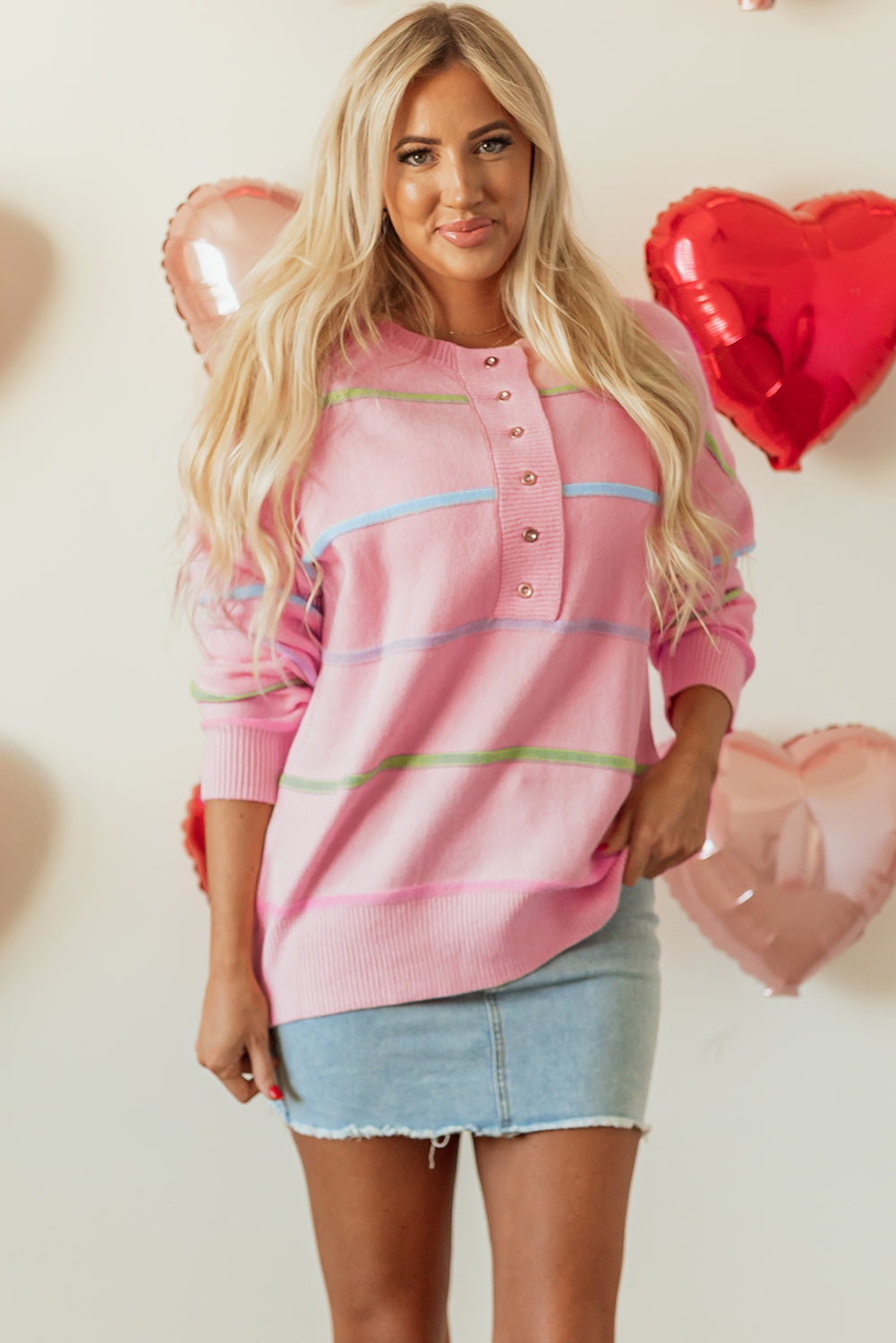Pink Rainbow Striped Drop Shoulder Baggy Henley Sweater