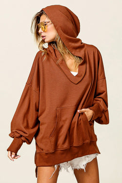 Oversized chestnut V-neck hoodie with kangaroo pocket