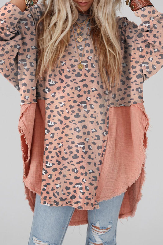 Blusa oversize rosa raw edge leopardo