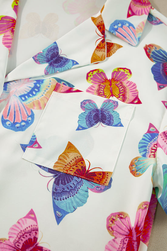 Short sleeve shirt set with multicolored butterfly pattern