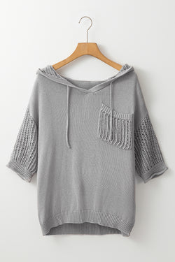 Light gray short sleeve pullover top with hood and openwork drawstring