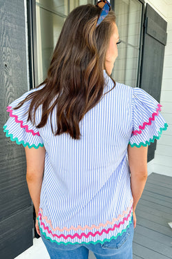 Ricrac striped blue striped blouse and split collar, ruffle sleeves